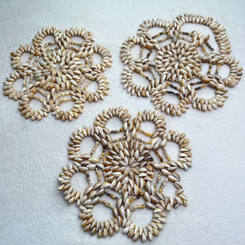 Vintage handmade Cowrie Shell Trivets Set Coastal Boho Mermaidcore Decor 8in